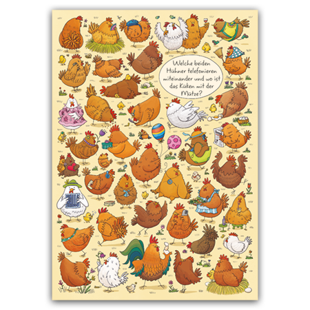 © Charis Bartsch Welche beiden Hühner telefonieren miteinander und wo ist das Küken mit der Mütze? | Welche beiden Hühner telefonieren? (Strukturkarton mit Lack-Effekten)