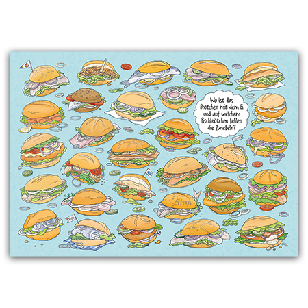 Wo ist das Brötchen mit dem Ei und auf welchem Fischbrötchen fehlen die Zwiebeln? | Wo ist das Brötchen mit dem Ei? (Strukturkarton mit Lack-Effekten)