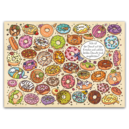 Wo ist der Donut mit der Kirsche und welche beiden Donuts sind angebissen? | Wo ist der Donut mit der Kirsche? (Strukturkarton mit Lack-Effekten)