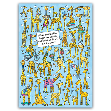 Welche zwei Giraffen tragen eine Schleife und wo ist die Giraffe mit dem Herz? | Welche zwei Giraffen tragen eine Schleife? (Strukturkarton mit Lack-Effekten)